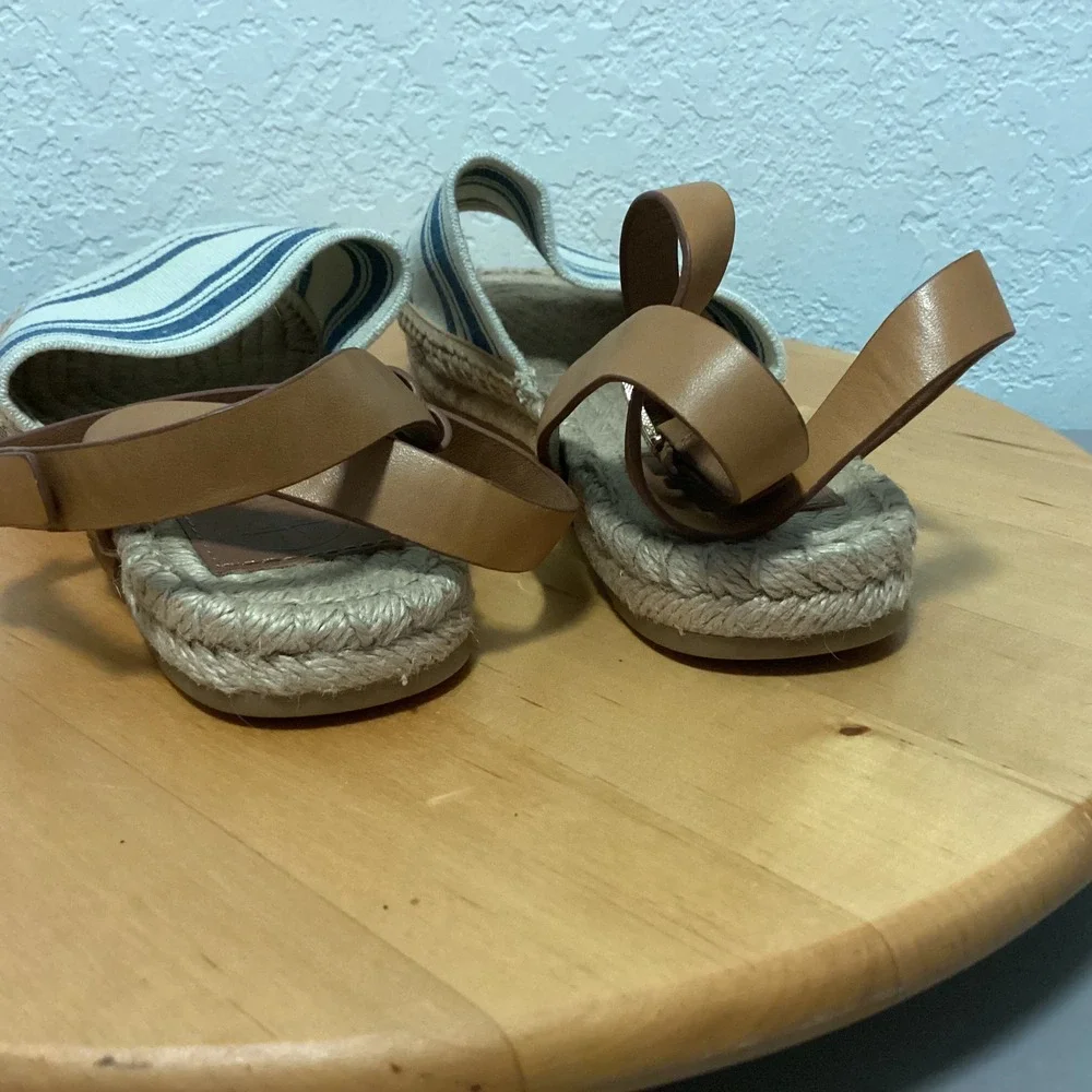 Tory Burch Striped Canvas‎ Espadrille Sandals Blue Cream Leather Ankle Strap 8